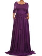 Romwe Round Neck Belt Maxi Purple Dress