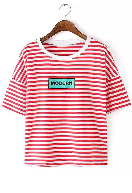 Romwe Striped Letter Print Red T-shirt