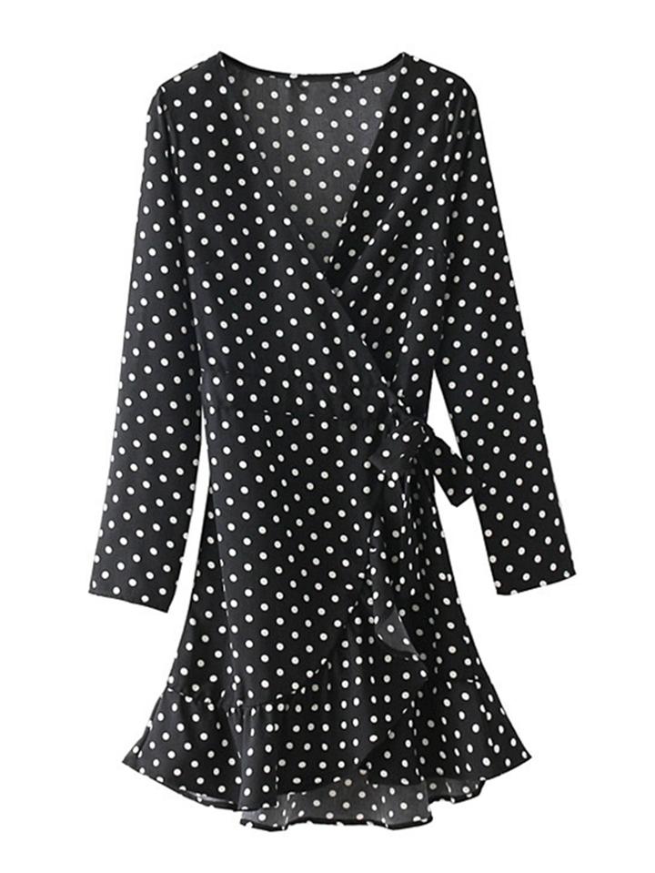 Romwe Polka Dot Print Self Tie Surplice Dress