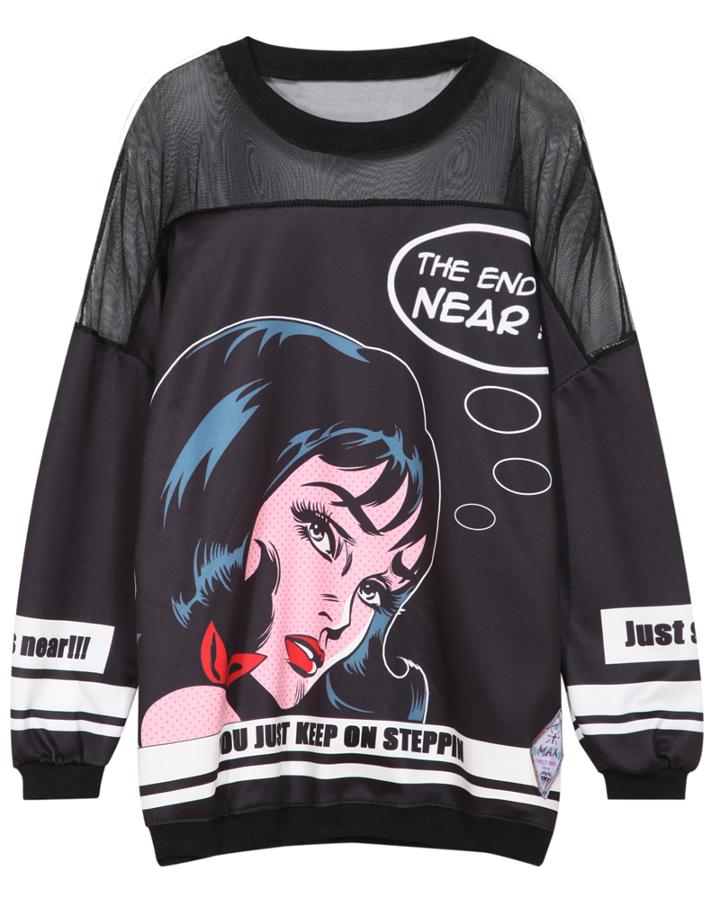 Romwe Sheer Mesh Beauty Print Black Sweatshirt