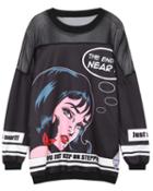 Romwe Sheer Mesh Beauty Print Black Sweatshirt
