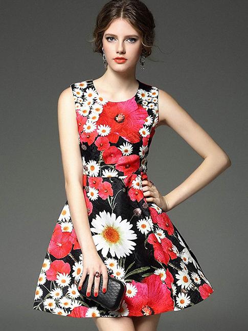 Romwe Multicolor Round Neck Sleeveless Pockets Jacquard Dress