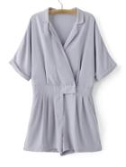 Romwe Grey Roll-up Sleeve Zipper Wrap Jumpsuit