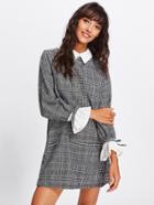 Romwe Contrast Tied Bell Cuff And Collar Plaid Dress