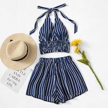 Romwe Striped Print Halter Top With Shorts