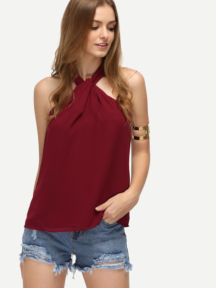 Romwe Keyhole Halter Neck Chiffon Top - Burgandy