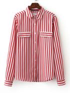 Romwe Red Long Sleeve Stripe Lapel Buttons Front Blouse