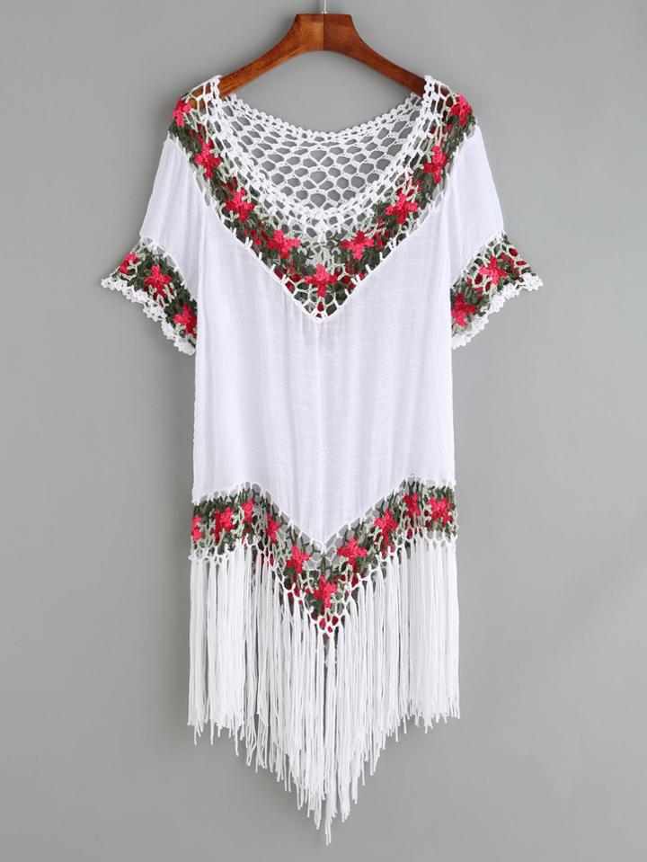 Romwe White Crochet Insert Fringe Hem Top