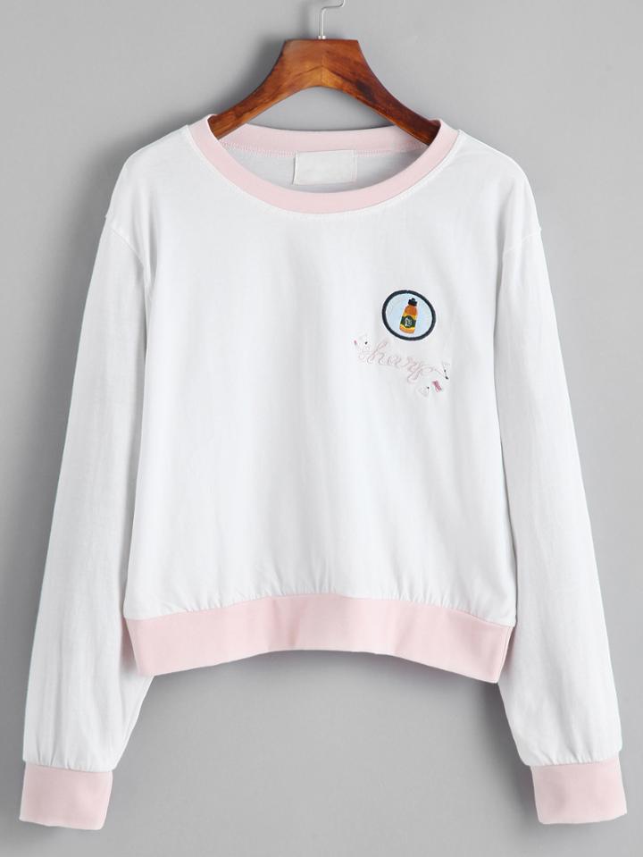 Romwe White Contrast Trim Embroidered Sweatshirt