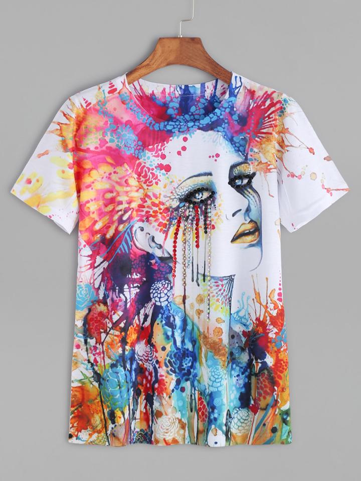 Romwe White Printed Rhinestone Embellished T-shirt