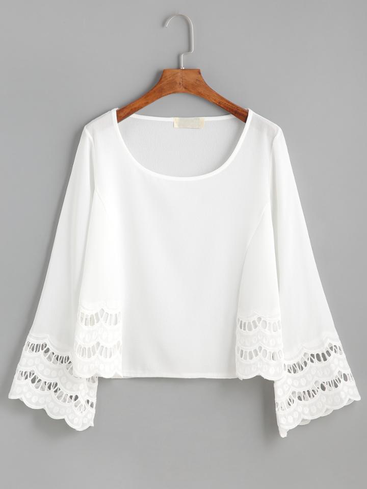 Romwe White Crochet Insert Hollow Out Scallop Blouse