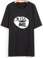 Romwe Kiss Me Print Black T-shirt