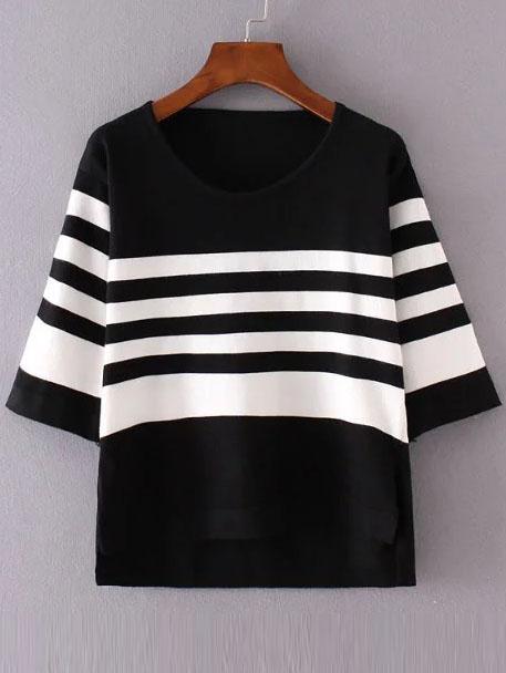 Romwe Black Contrast Striped Dip Hem Knitwear