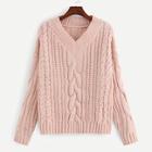 Romwe Contrast Cable Knit V-neck Sweater