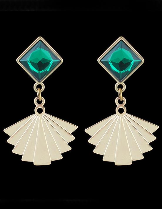 Romwe Green Gemstone Fan Pattern Dangle Earrings