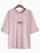 Romwe Pink Elbow Sleeve Letter Embroidery T-shirt
