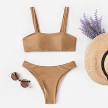 Romwe Plain Top With High Leg Bikini Set