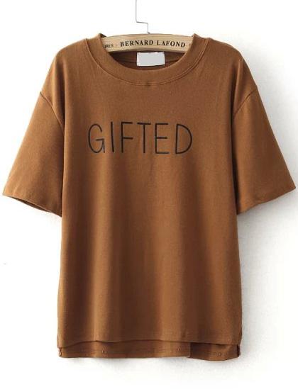 Romwe Round Neck Dip Hem Letter Print Brown T-shirt