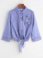 Romwe Blue Vertical Striped Stereo Flower Trim Knotted Hem Shirt