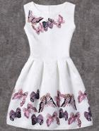 Romwe White Butterfly Print Fit & Flare Sleeveless Dress
