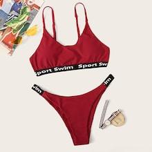 Romwe Letter Tape Spaghetti Strap Bikini Set