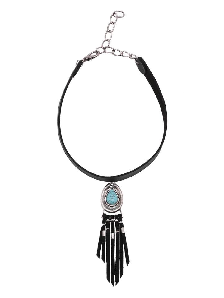 Romwe Antique Silver Turquoise Tassel Choker Necklace