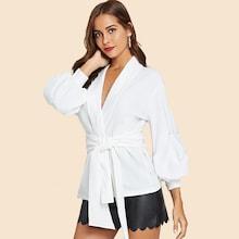 Romwe Self Belted Bishop Sleeve Coat