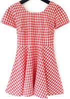 Romwe Square Neck Open Back Bow Plaid Red Dress