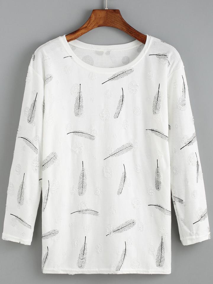Romwe Round Neck Feathers Print Ripped T-shirt