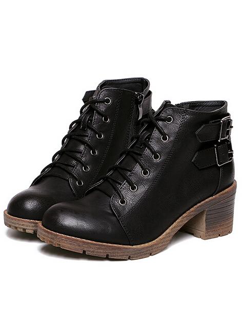 Romwe Black Lace Up Buckle Strap Pu Boots