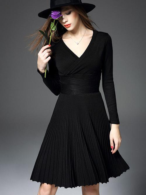 Romwe Black V Neck Long Sleeve Tie-waist Knit Dress