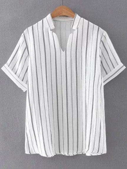 Romwe Black V Neck Rolled Cuff Striped Blouse
