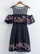 Romwe Contrast Lace Embroidery Ruffle Dress
