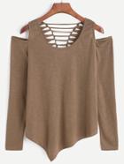 Romwe Khaki Cut Out Shoulder Ripped Back Asymmetric Glitter T-shirt