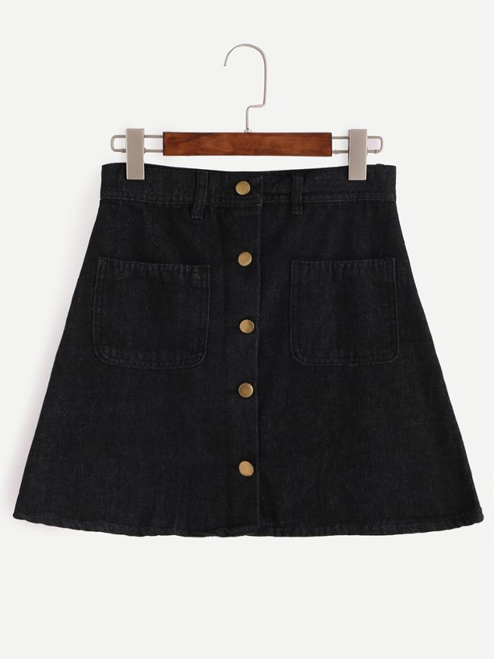 Romwe Black Single Breasted Denim A Line Skirt