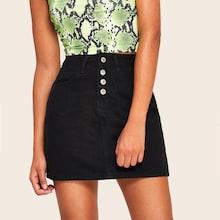 Romwe Button Fly Black Wash Denim Skirt