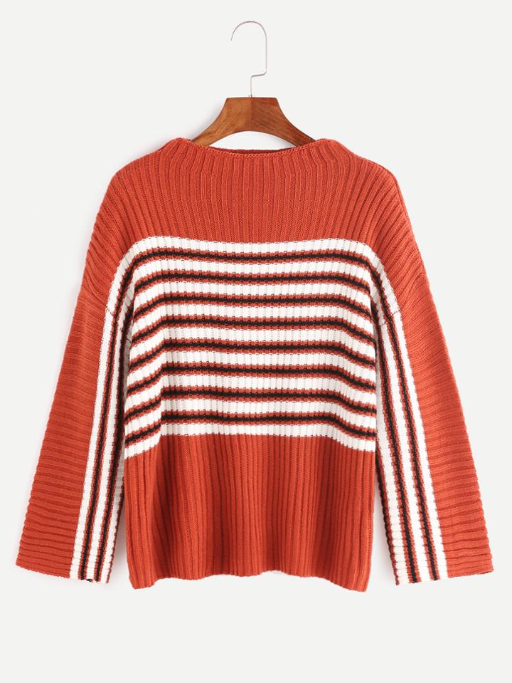 Romwe Brick Red Striped Drop Shoulder Ribbed Knit Sweater