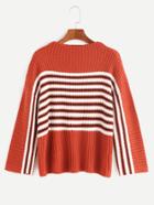 Romwe Brick Red Striped Drop Shoulder Ribbed Knit Sweater