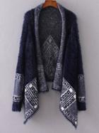 Romwe Navy Aztec Print Asymmetrical Poncho Sweater