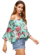 Romwe Green Floral Off The Shoulder Blouse