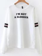 Romwe White Letter Print Striped Detail Drop Shoulder Sweatshirt