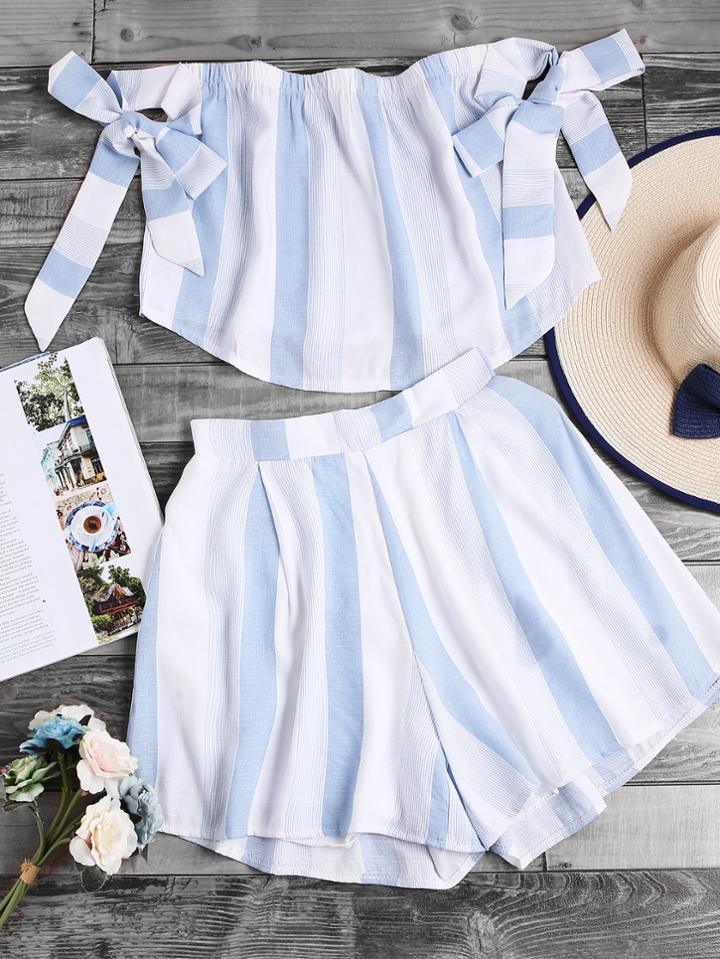 Romwe Bardot Bow Tie Wide Striped Crop Top With Shorts