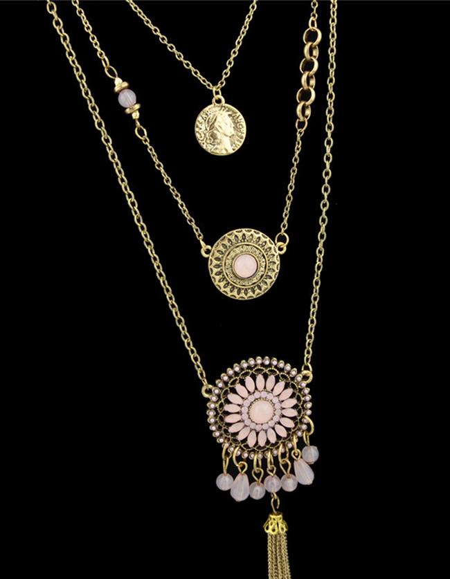Romwe Pink Gemstone Multilayers Pendants Necklace