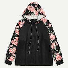 Romwe Plus Zip Up Drawstring Hooded Floral Print Sweatshirt