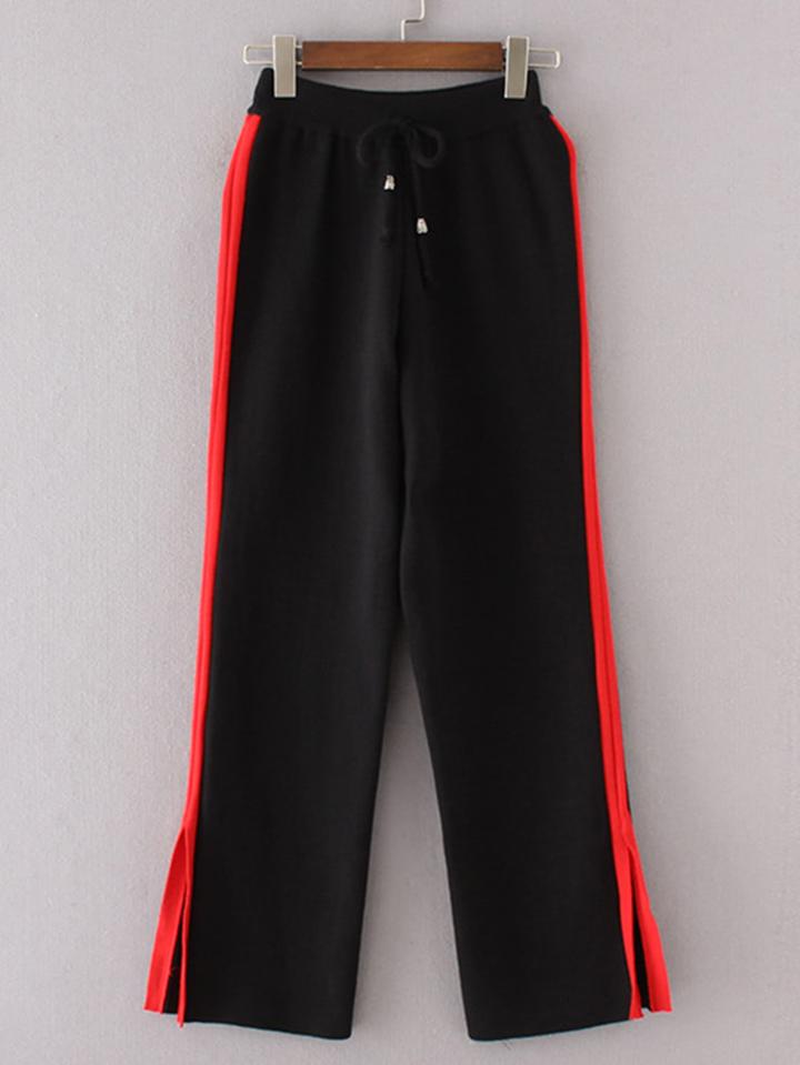 Romwe Contrast Tape Side Slit Drawstring Waist Pants