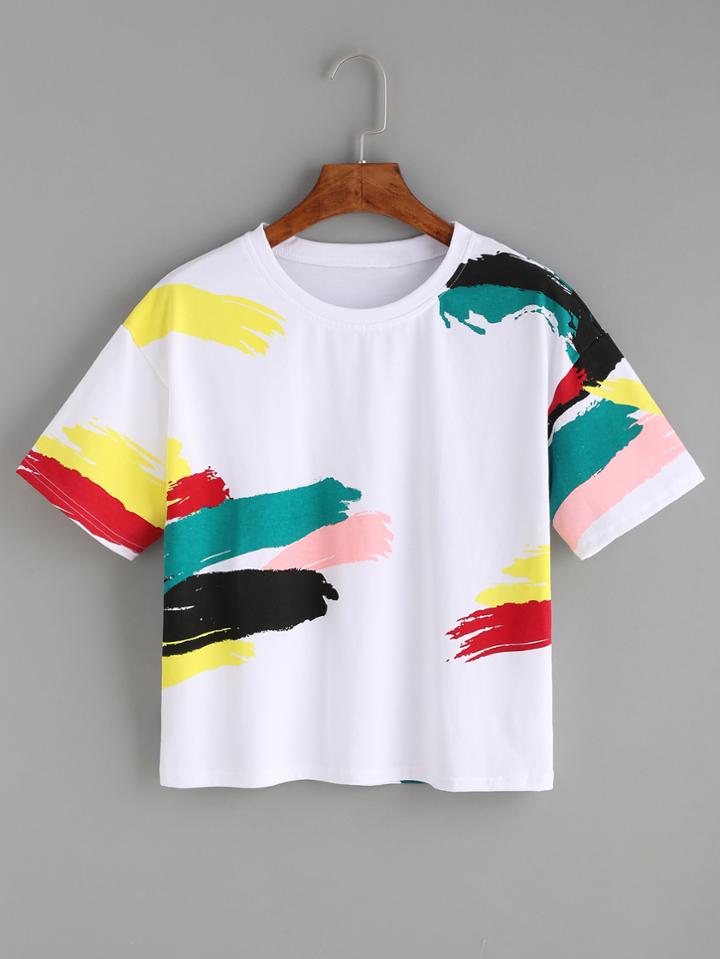 Romwe White Brush Stroke Print T-shirt