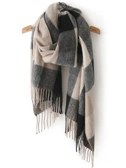 Romwe Black Grey Plaid Tassel Classical Scarf