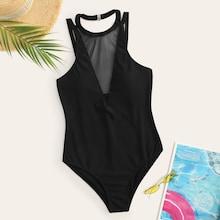 Romwe Plunging Mesh Insert One Piece Swimwear