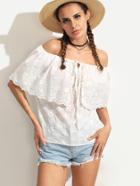 Romwe White Off The Shoulder Embroidered Lace Up Blouse