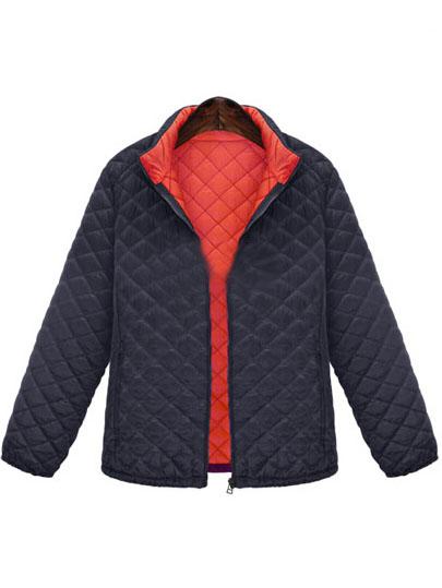 Romwe Stand Collar Diamond Zipper Navy Coat